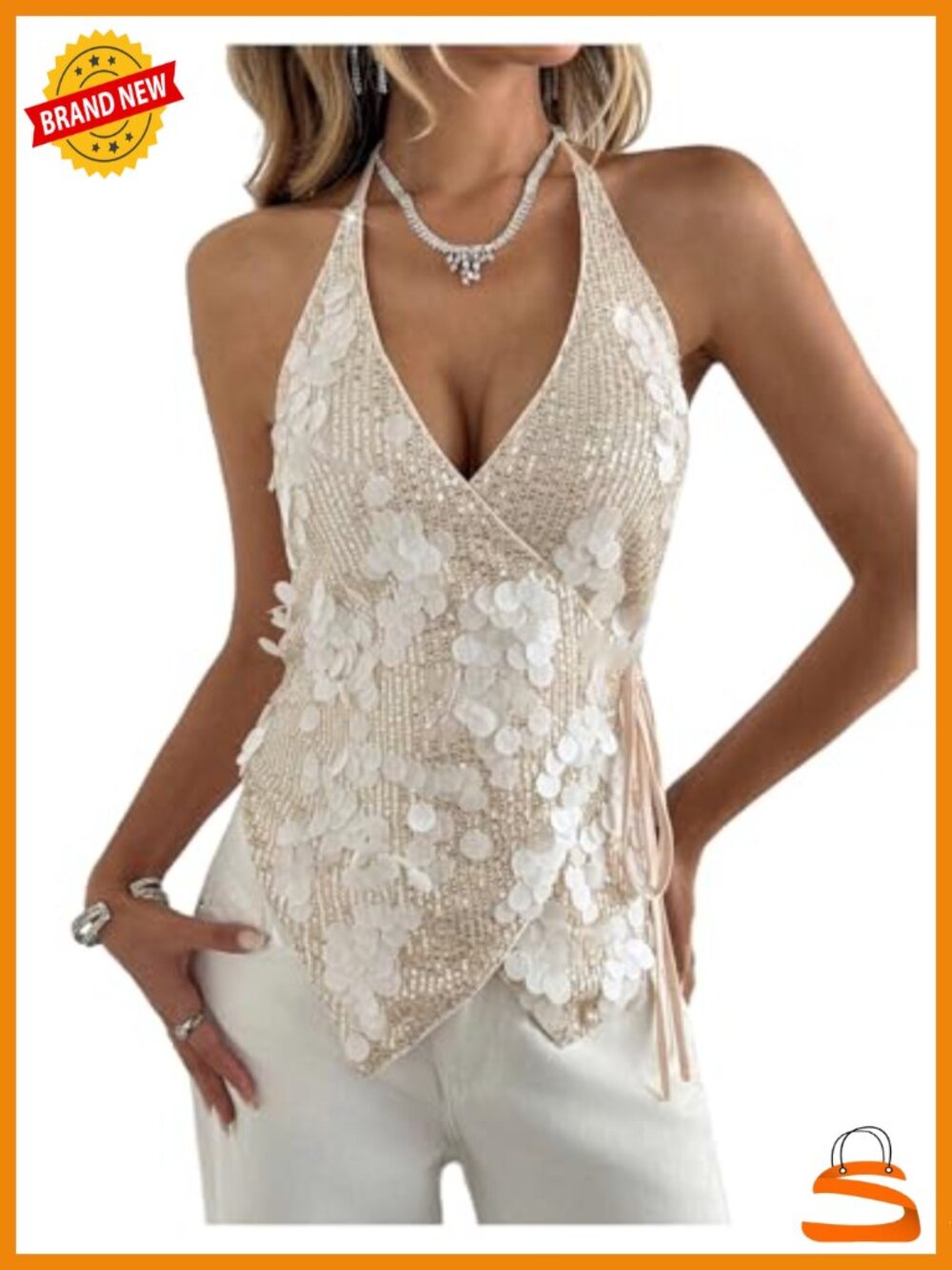 Sequin Sparkly Sleeveless Halter Top Wrap V Neck Side Tie Asymmetrical Party